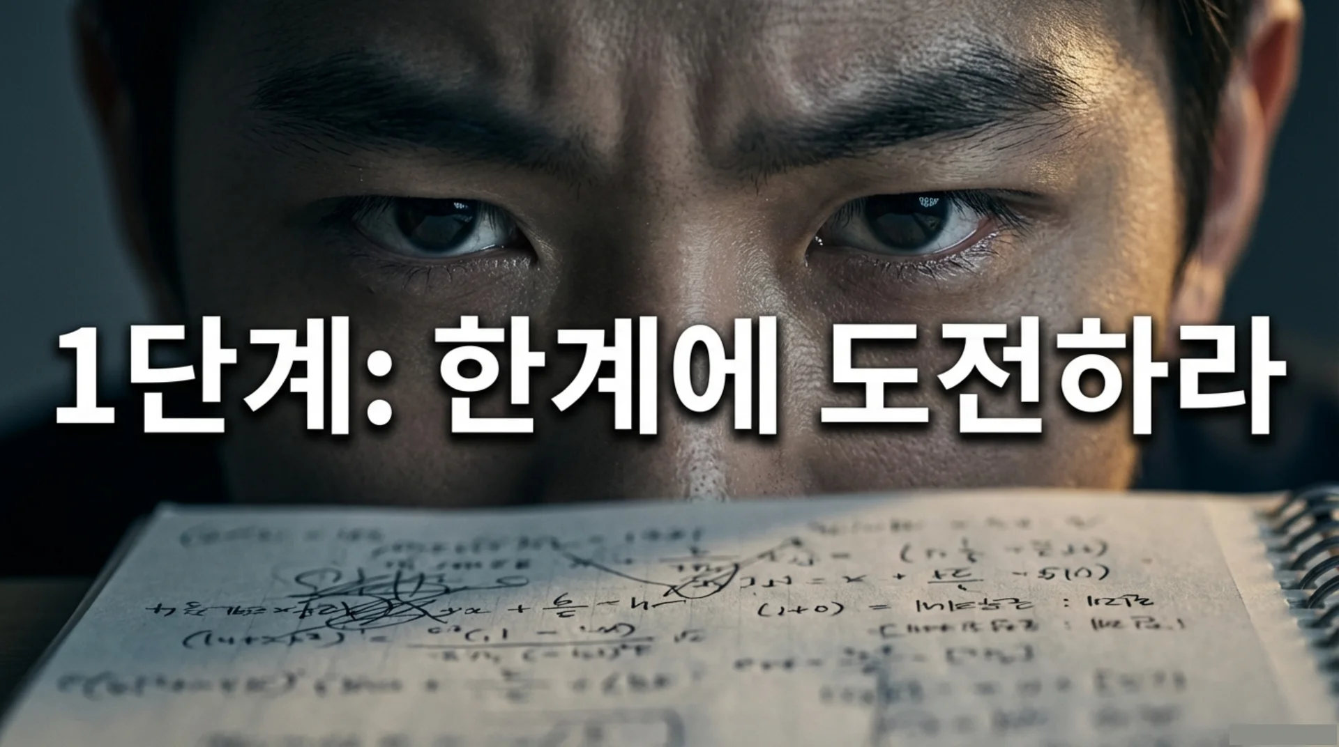 수학 문제가 적힌 노트를 응시하는 남성의 눈 클로즈업
