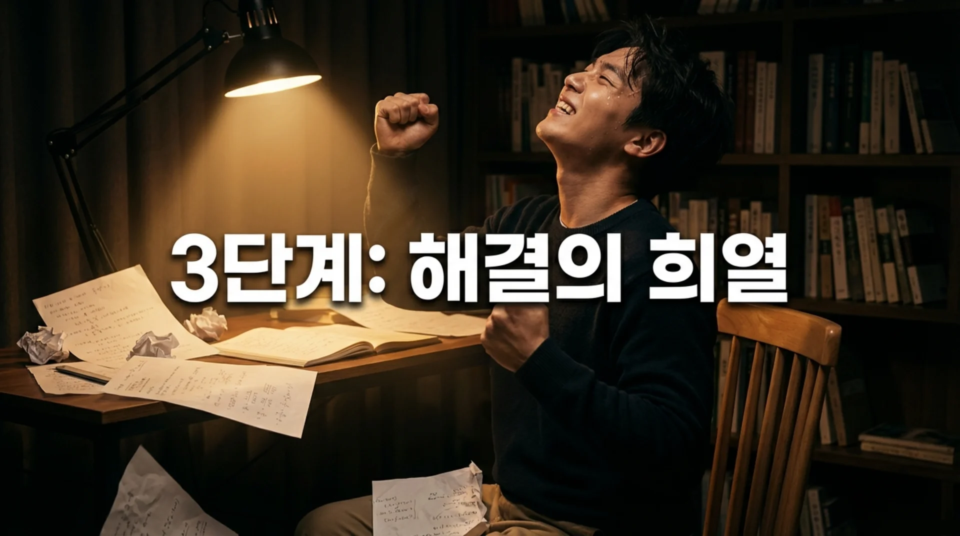 책상 앞에서 주먹을 쥐고 기뻐하는 남성 - 문제 해결 성공의 순간