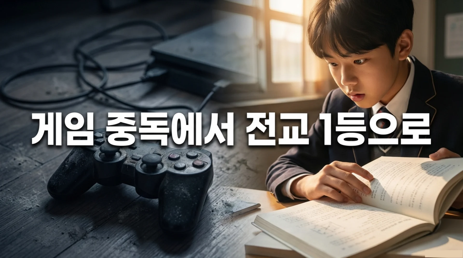 게임 컨트롤러와 책을 읽는 학생을 대비시킨 이미지