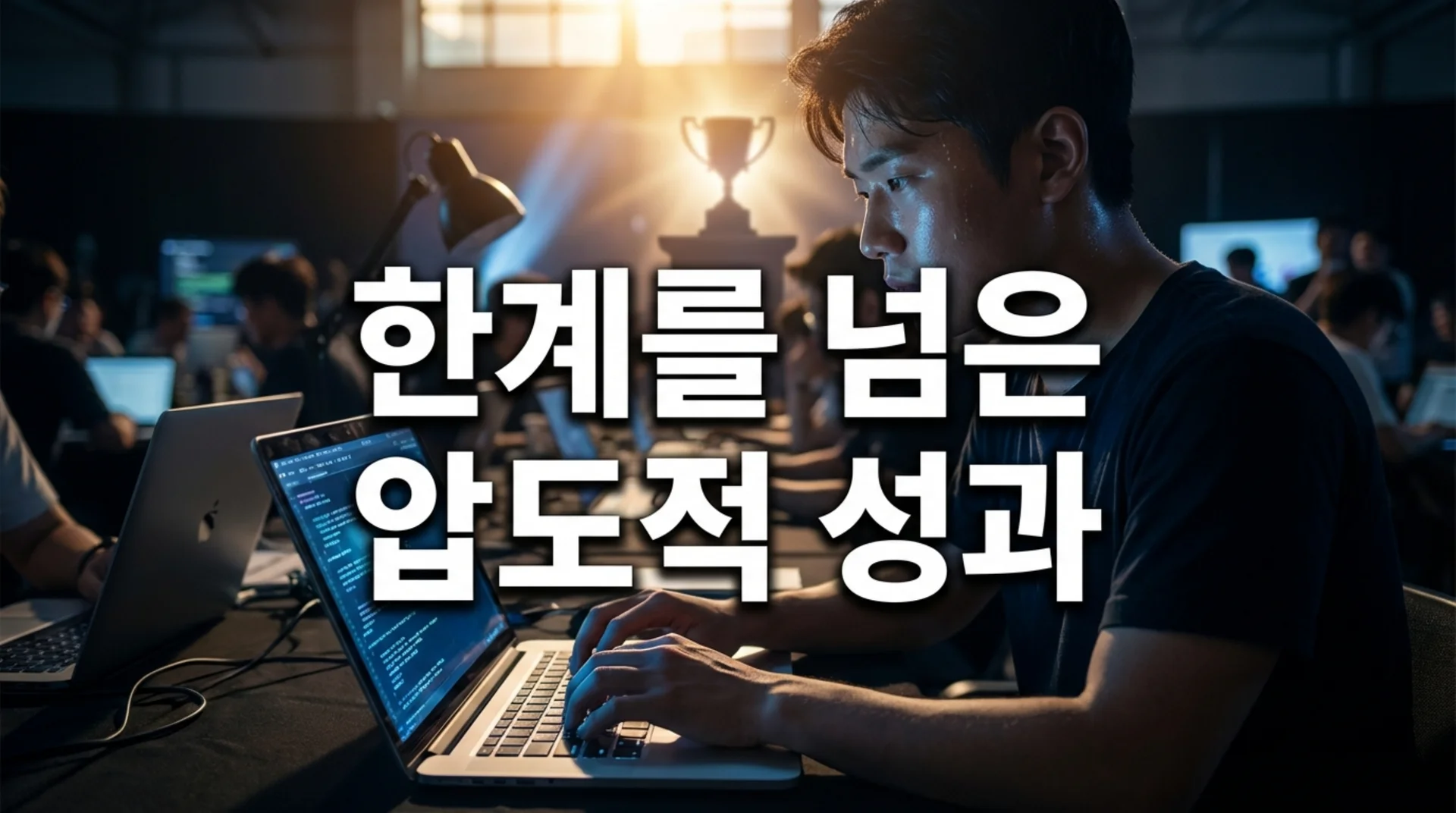 노트북 앞에서 집중하는 개발자 - 해커톤 대회 우승 장면