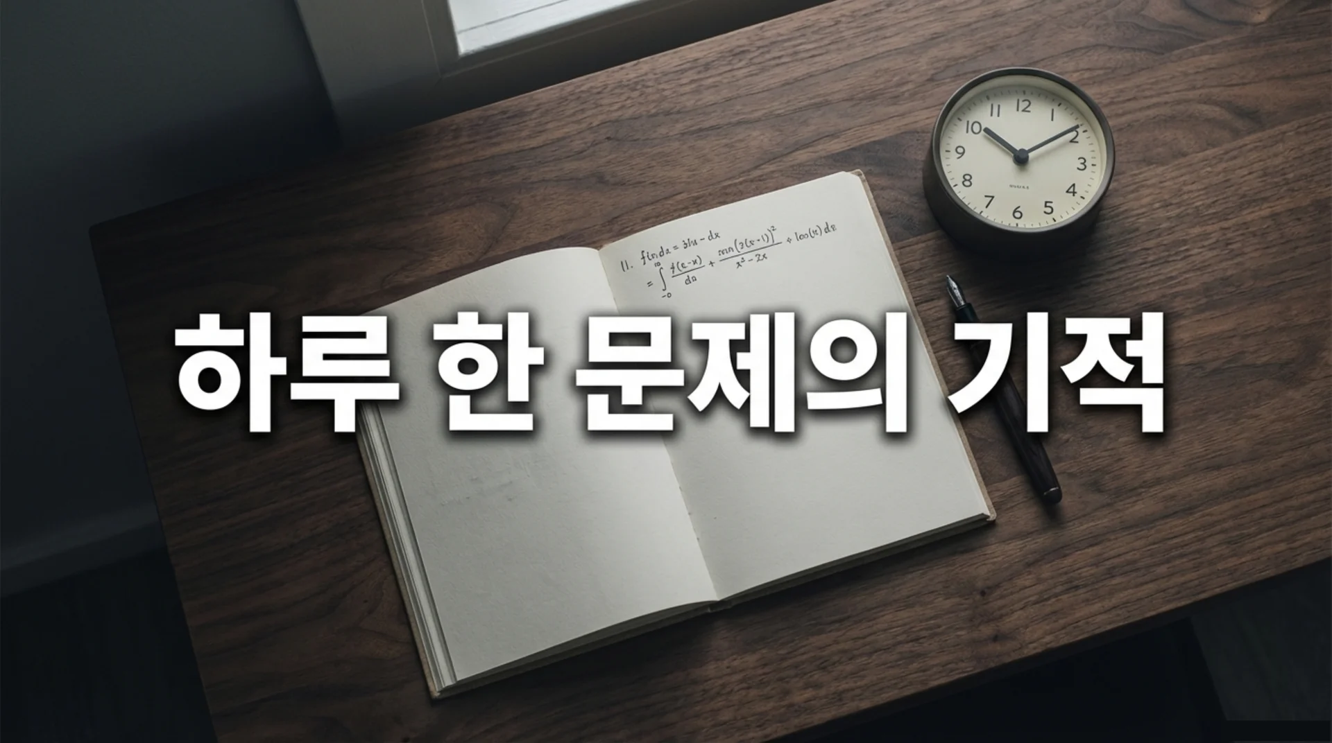 나무 책상 위의 수학 문제가 적힌 노트와 시계
