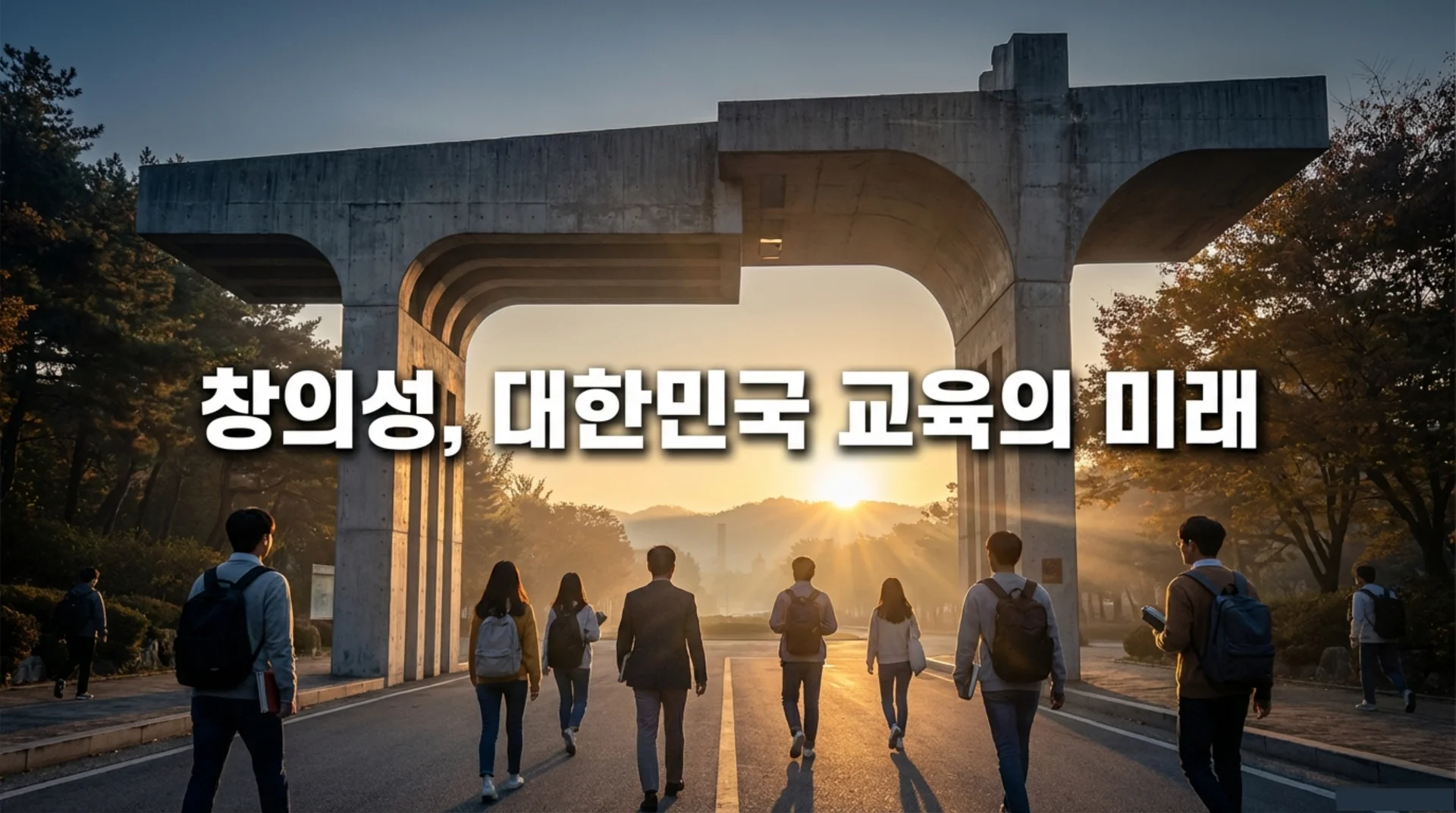 서울대학교 정문 앞을 걷는 학생들과 일출 - 교육의 미래를 상징