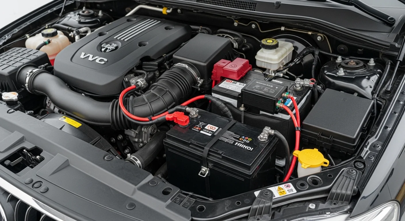 자동차 엔진룸에 설치된 보조배터리 모습