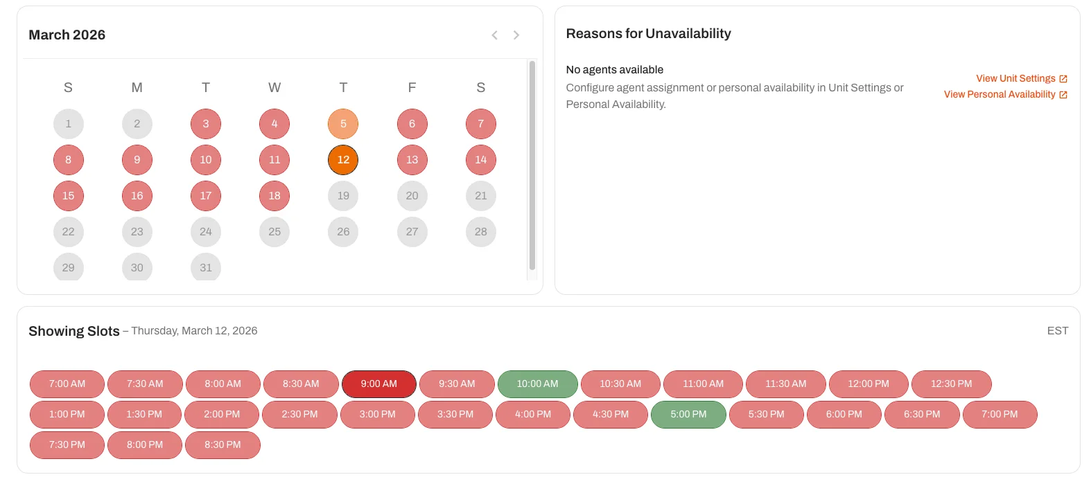 Properties with no availability or low availability (fewer than 5 slots in the next week) are highlighted in red or orange
