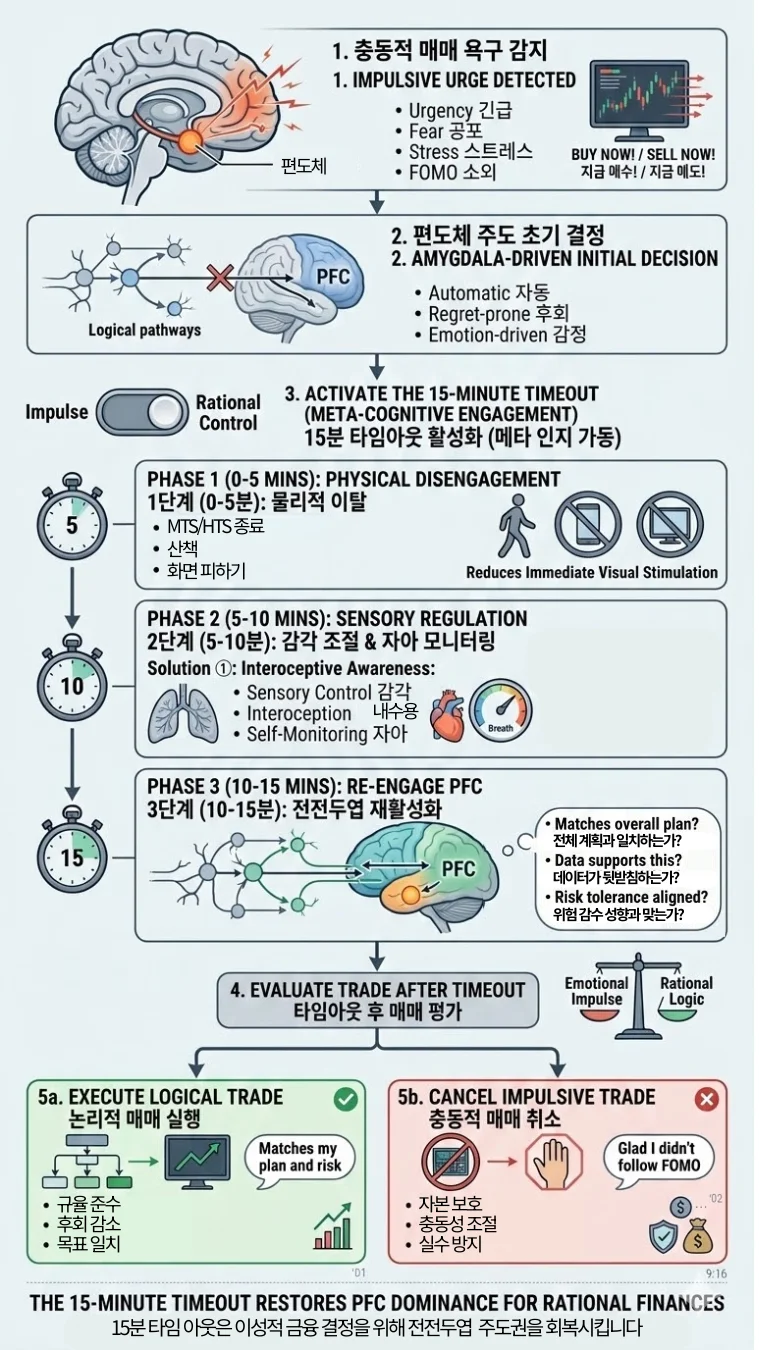 충동적 매매 욕구 감지 시 편도체의 과흥분을 물리적으로 진정시키고 전전두엽의 이성적 판단을 회복하는 15분 타임아웃 뇌 회로 순서도