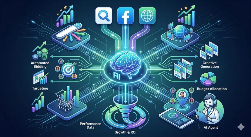 네이버 애드부스트, 구글 퍼포먼스 맥스, 메타 Advantage+의 AI 광고 자동화 메커니즘 개념도