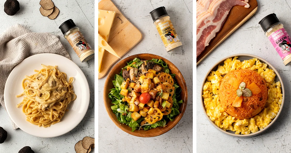 이탈리아 프리미엄 브랜드 김미사보르(Gimme Sabor)의 시즈닝 4종을 활용한 다채로운 음식 연출 촬영 컷. 각 시즈닝의 특색에 맞춘 스테이크, 파스타, 샐러드 등 다양한 요리와의 완벽한 조화를 시각화하였으며, 비티와이플러스만의 고감도 푸드 스타일링을 통해 제품의 깊은 풍미와 고급스러운 패키지 디자인을 강조한 라이프스타일 포트폴리오 이미지.