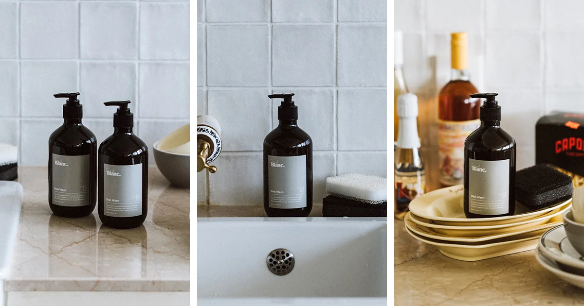 감성 웰니스 브랜드 썸오브블랑(Some of Blanc)의 친환경 주방세제가 모던, 내추럴, 미니멀 등 다양한 스타일의 주방 공간에 연출된 촬영 컷. 제품의 감각적인 패키지 디자인이 주방 인테리어 소품으로서의 가치를 더하며, 비티와이플러스만의 고감도 연출을 통해 썸오브블랑이 지향하는 깨끗하고 세련된 라이프스타일을 시각화한 이미지