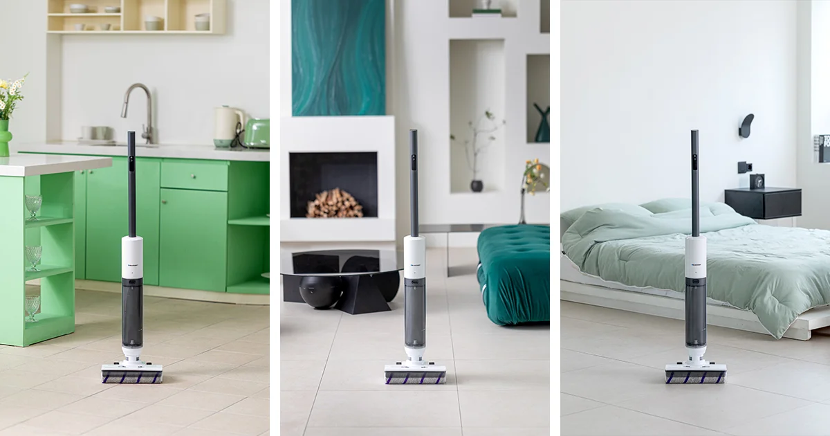 독일 가전 브랜드 블라우풍트(Blaupunkt)의 '블루모션 올인원 자동세척 BLDC 무선 진공 물걸레 청소기'가 거실, 침실, 주방 등 3가지 각기 다른 생활 공간에 자연스럽게 배치된 라이프스타일 연출컷. 자동세척 시스템과 강력한 BLDC 모터의 기술력이 현대적인 인테리어와 조화를 이루는 모습을 비티와이플러스의 고감도 연출로 담아내어 제품의 실용성과 디자인적 가치를 동시에 강조한 이미지.