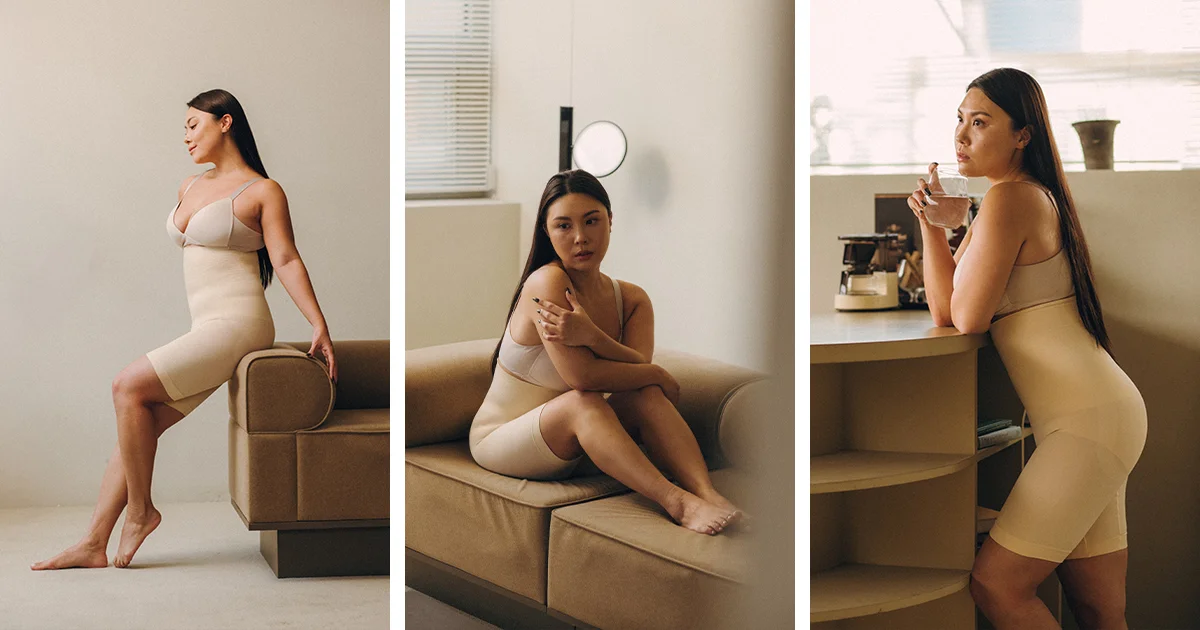 웰니스 브랜드 너리싱(Nourishing)의 인체공학적 설계가 돋보이는 '보정속옷 바디쉐이퍼' 제품 연출컷. 자연스러운 바디라인 보정과 편안한 착용감을 시각적으로 강조한 비티와이플러스의 고감도 브랜드 촬영 콘텐츠 사례로, 일상 속 웰니스를 지향하는 너리싱만의 깔끔하고 세련된 무드를 담은 이미지.