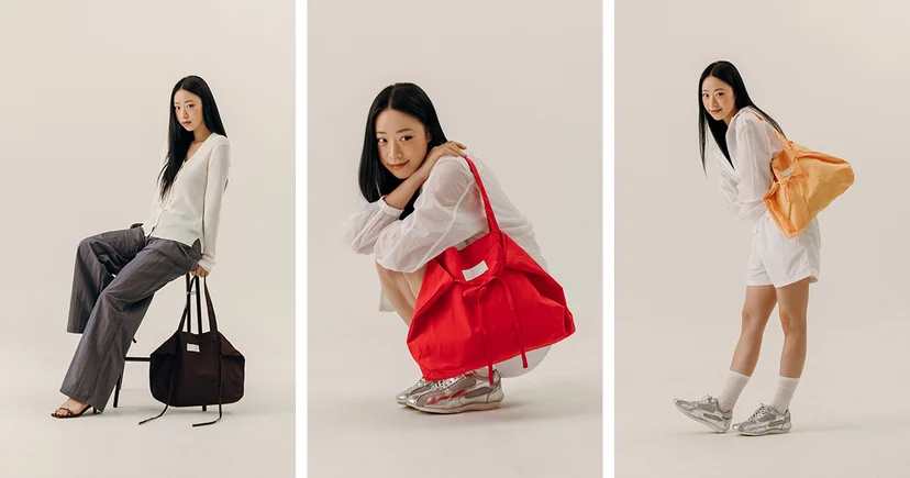 의류 브랜드 이삭(eesack)의 지속 가능한 패션을 상징하는 '에코백 리리백(Re-Re Bag)' 제품 연출컷. 내구성이 뛰어난 캔버스 소재와 내추럴한 컬러감이 돋보이는 디자인으로, 일상적인 데일리룩에 포인트를 주는 이삭만의 감성적인 브랜딩과 디테일이 강조된 이미지.