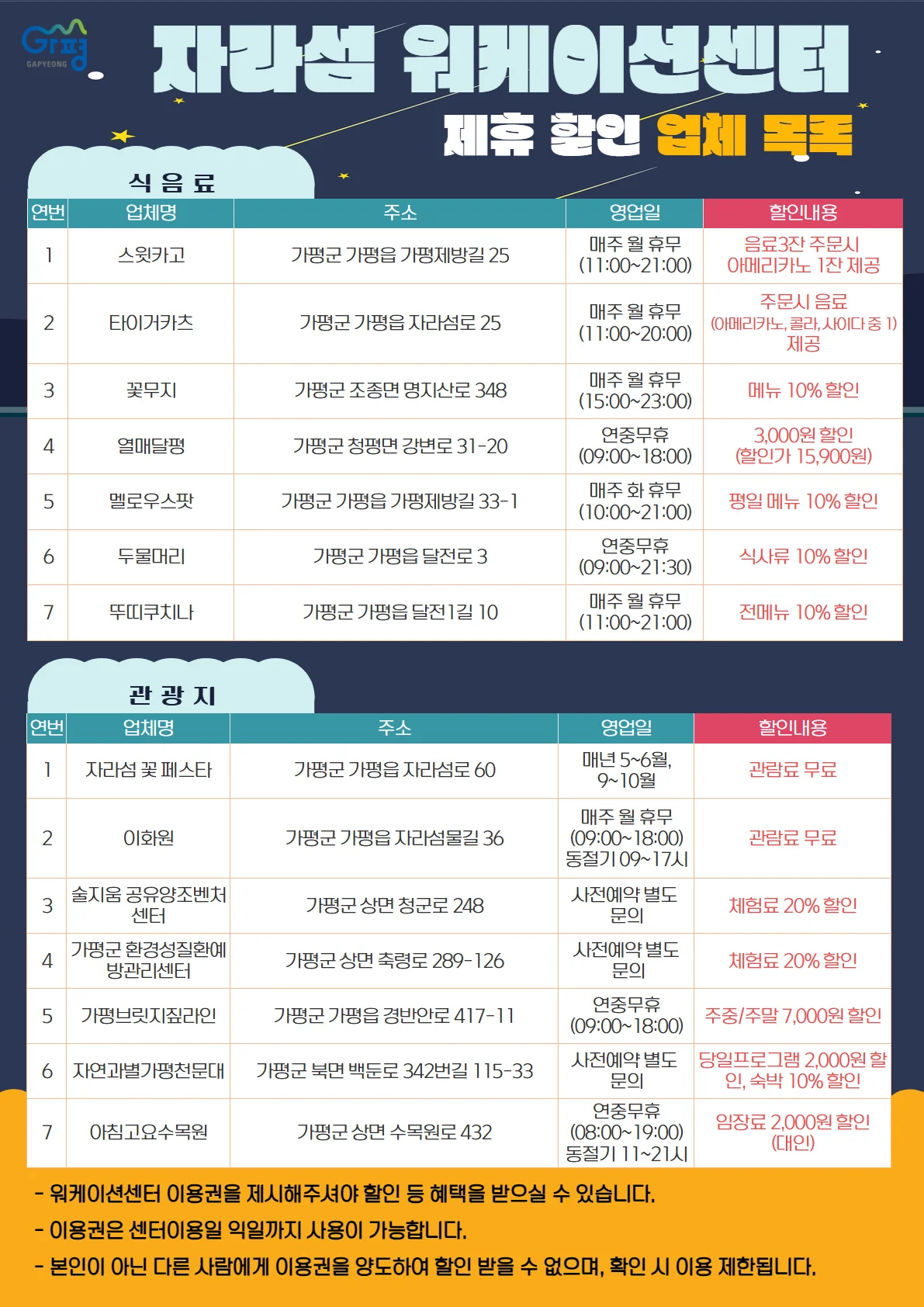 자라섬 워케이션센터 제휴할인 업체목록
