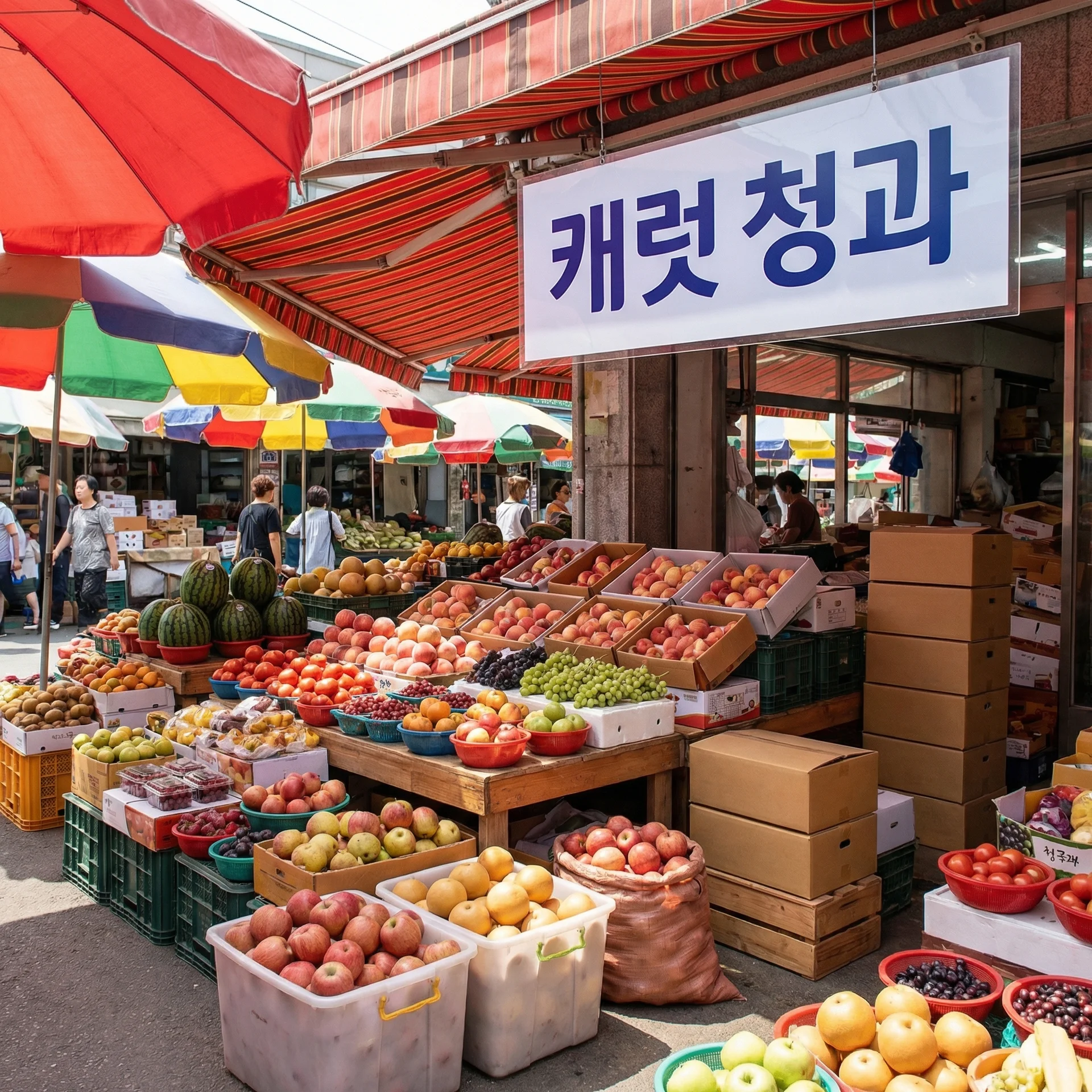 한글 렌더링 능력을 보기 위한 나노바나나 프로로 생성한 한국 시장의 모습. - 이미지 생성 AI 비교 중