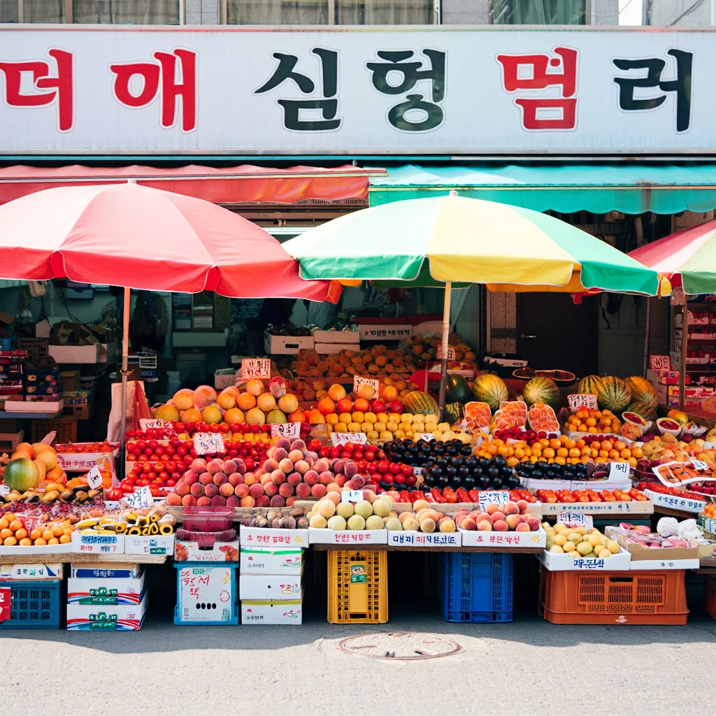 한글 렌더링 능력을 보기 위해 레브로 생성한 한국 시장의 모습. - 이미지 생성 AI 비교 중