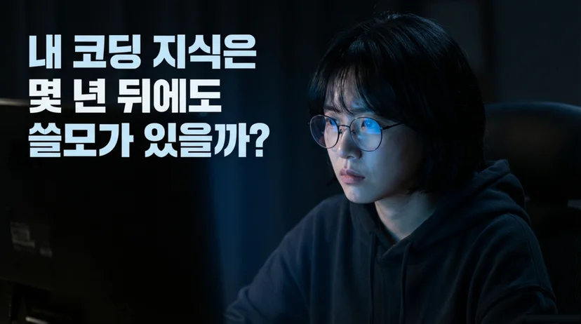 어두운 방에서 모니터를 바라보며 고민하는 여성 개발자, '내 코딩 지식은 몇 년 뒤에도 쓸모가 있을까?'