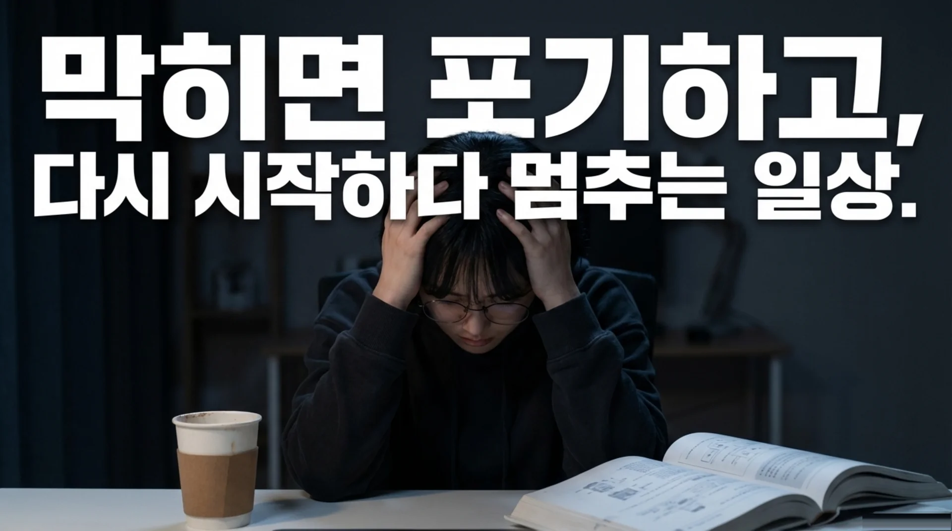 책상 앞에서 머리를 감싸 쥐고 좌절하는 여성 개발자, '막히면 포기하고, 다시 시작하다 멈추는 일상'