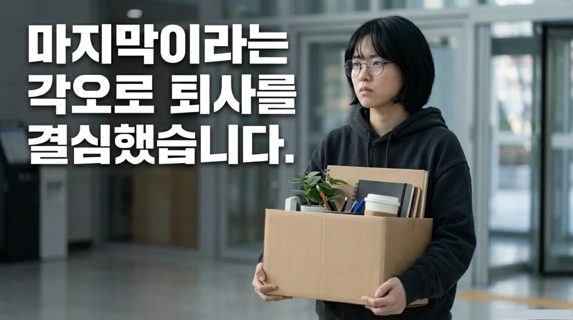  짐 상자를 안고 회사를 나서는 여성 개발자, '마지막이라는 각오로 퇴사를 결심했습니다' 텍스트