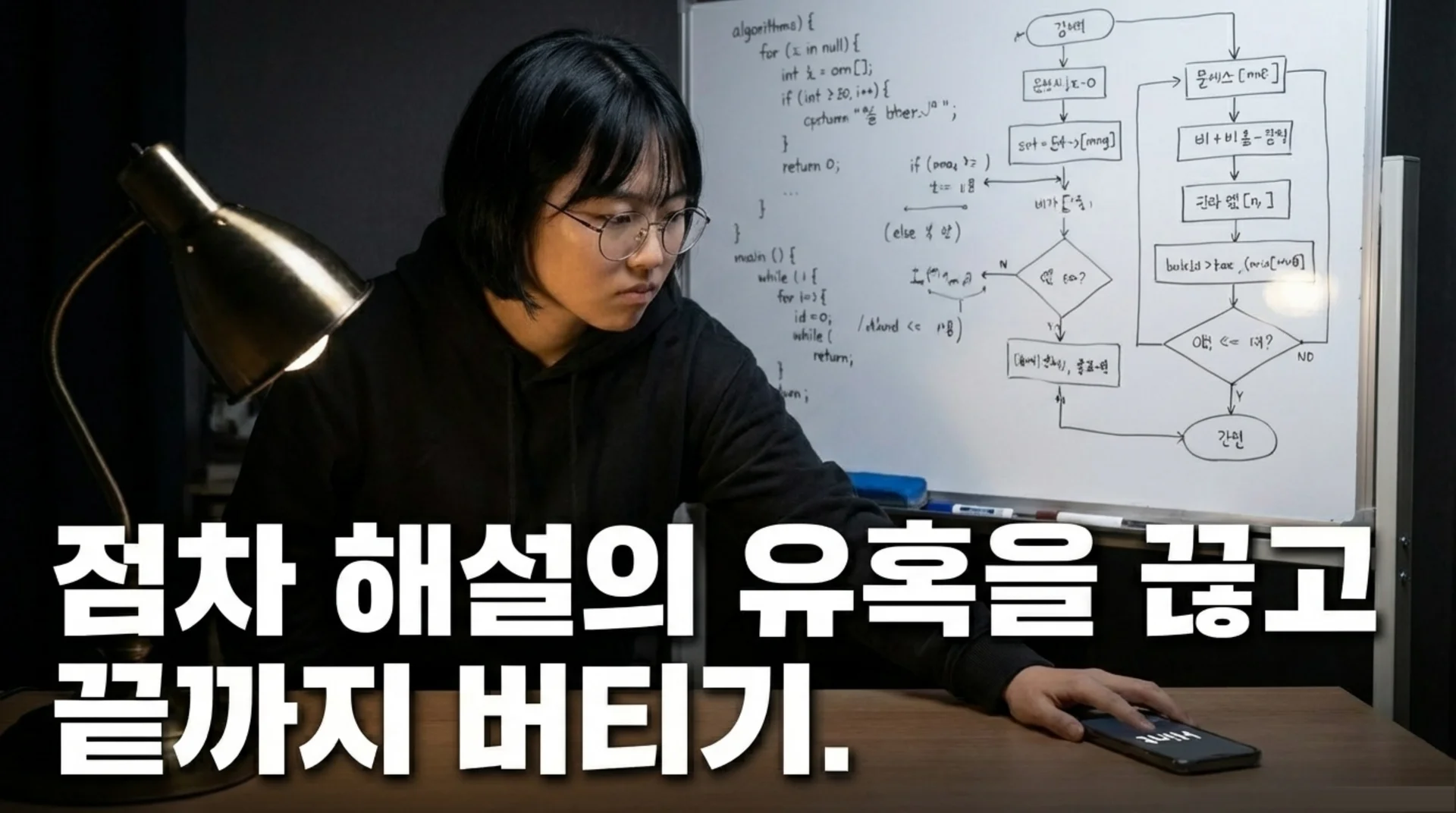 화이트보드에 알고리즘 순서도가 그려진 방에서 공부하는 여성 개발자, '점차 해설의 유혹을 끊고 끝까지 버티기' 텍스트
