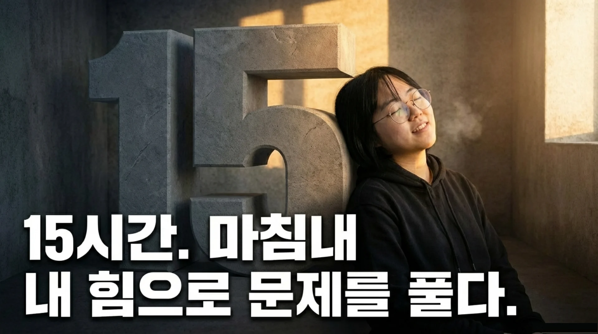  큰 숫자 15 조형물에 기대어 미소 짓는 여성 개발자, '15시간, 마침내 내 힘으로 문제를 풀다' 텍스트