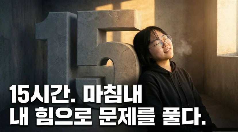  큰 숫자 15 조형물에 기대어 미소 짓는 여성 개발자, '15시간, 마침내 내 힘으로 문제를 풀다' 텍스트
