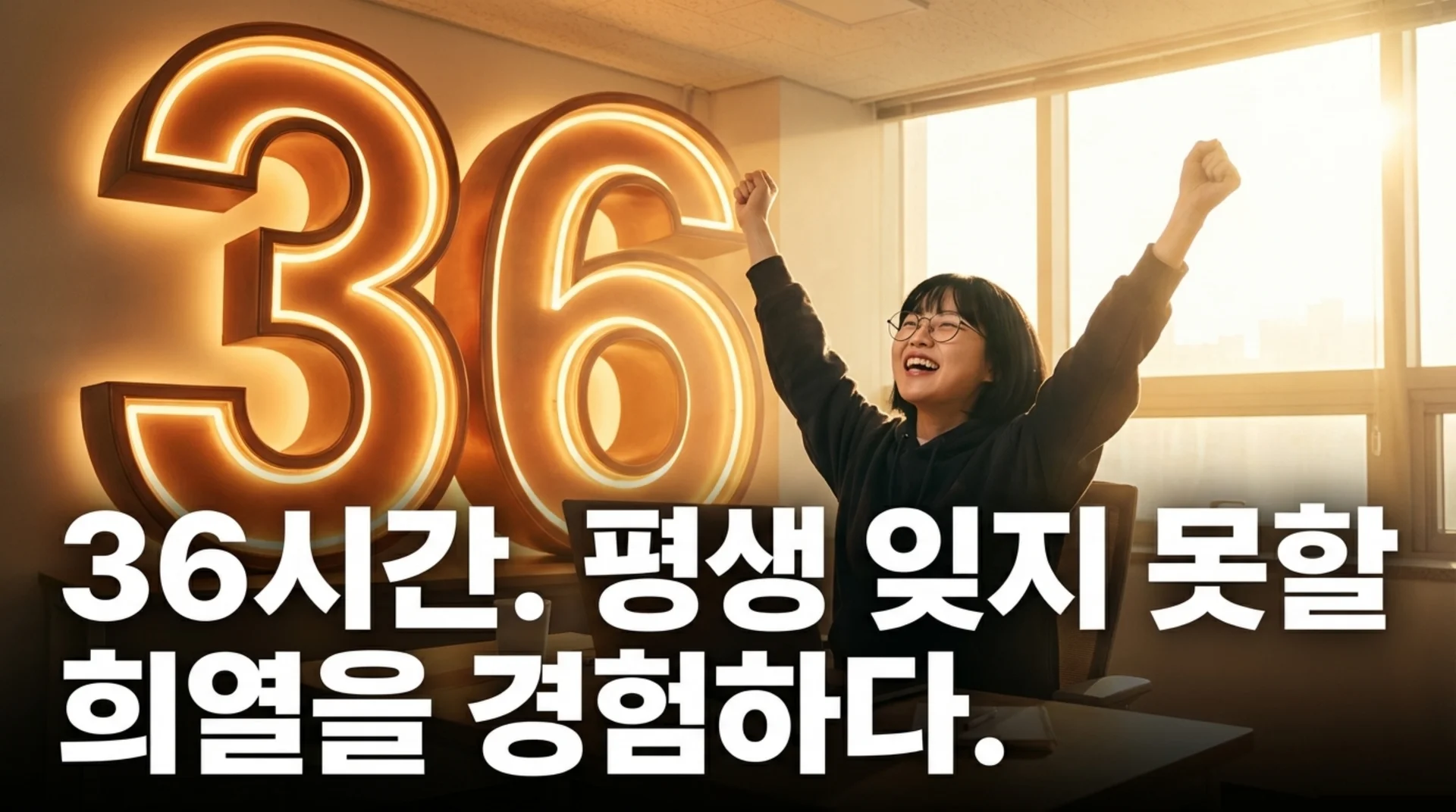 큰 숫자 36 네온사인 앞에서 두 팔을 들고 환호하는 여성 개발자, '36시간, 평생 잊지 못할 희열을 경험하다' 텍스트
