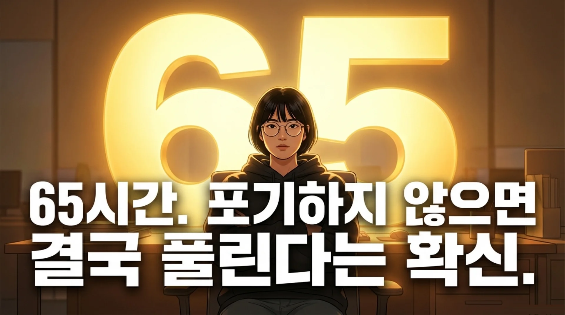 큰 숫자 65가 빛나는 배경 앞에 앉아 있는 여성 개발자, '65시간, 포기하지 않으면 결국 풀린다는 확신' 텍스트