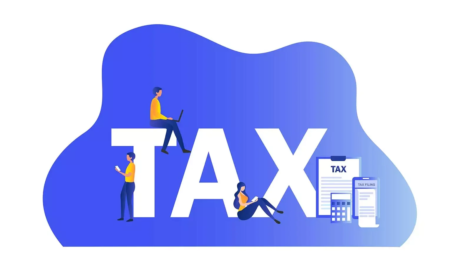 다양한 사용자가 온라인으로 세금 신고 및 텍스 파일링을 진행하는 협업 컨셉 일러스트