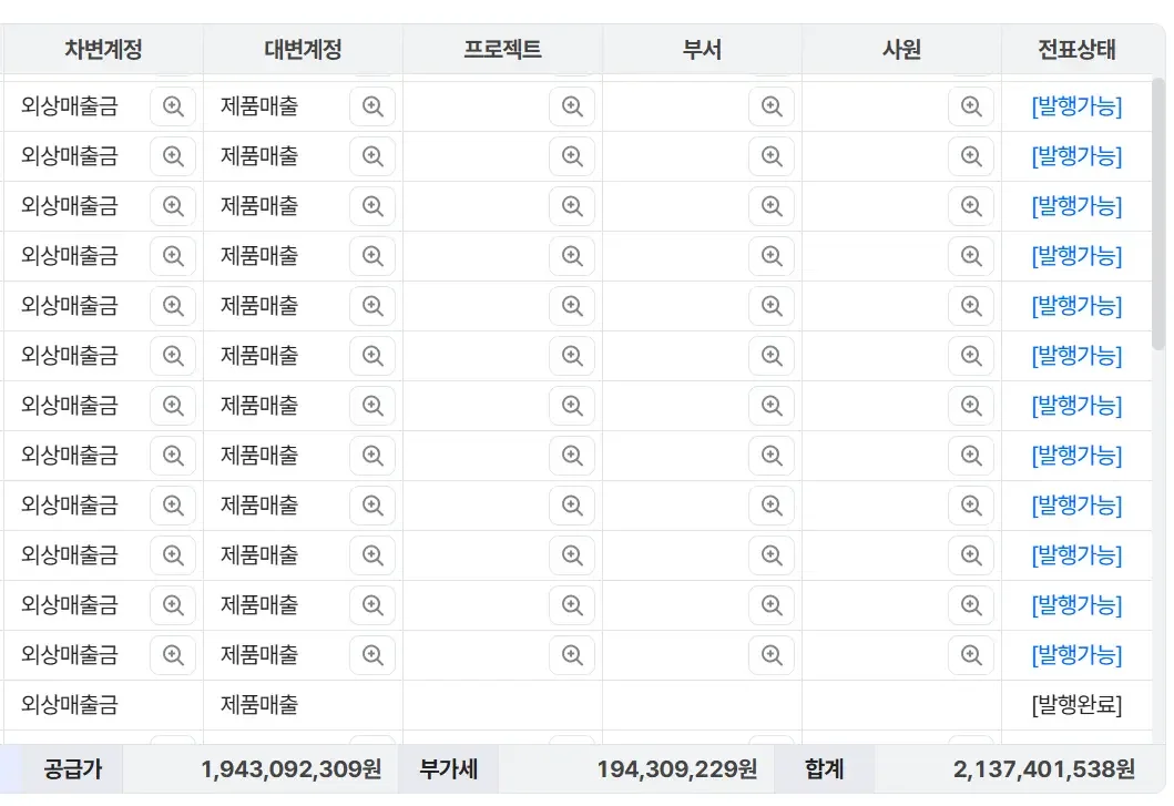 파로스(Pharos) 회계 관리 시스템의 외상매출금 및 제품매출 전표 상태와 합계 금액 조회 화면