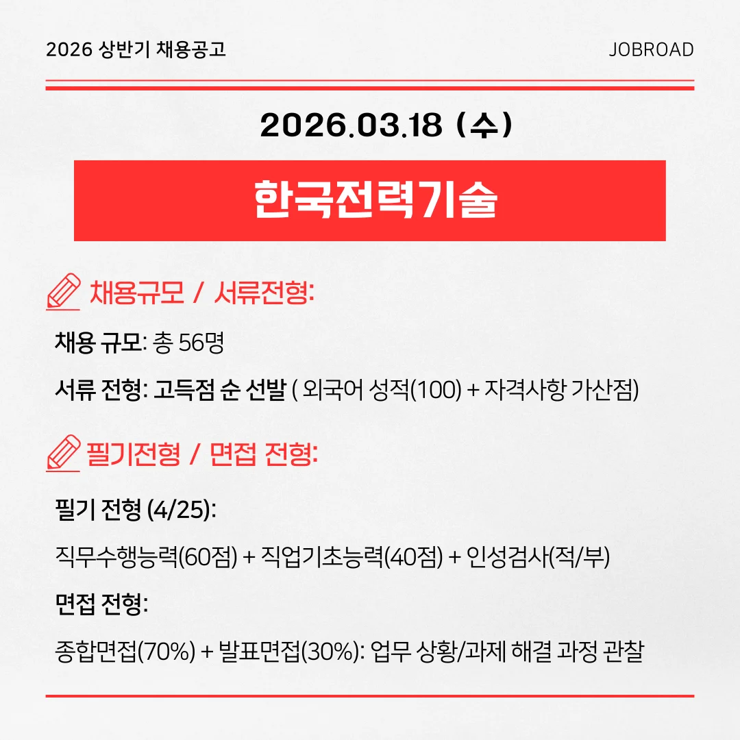 2026년 한국전력기술(KEPCO E&C) 상반기 채용공고