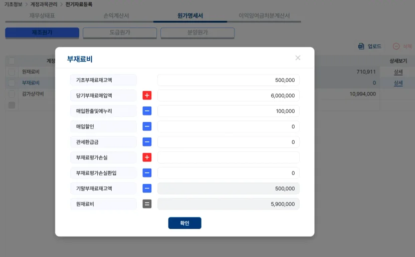 부재료비 입력 창, 기초재고액과 매입액, 매입환출 및 평가손실 등 항목별 금액 표시