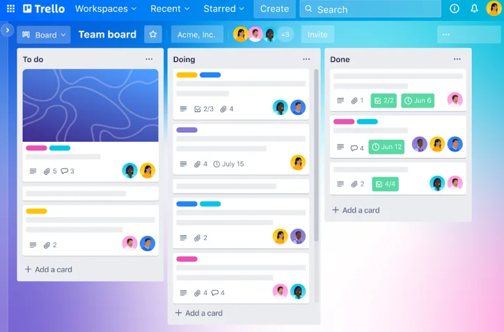 Trello 보드,  리스트, 카드 화면 이미지
