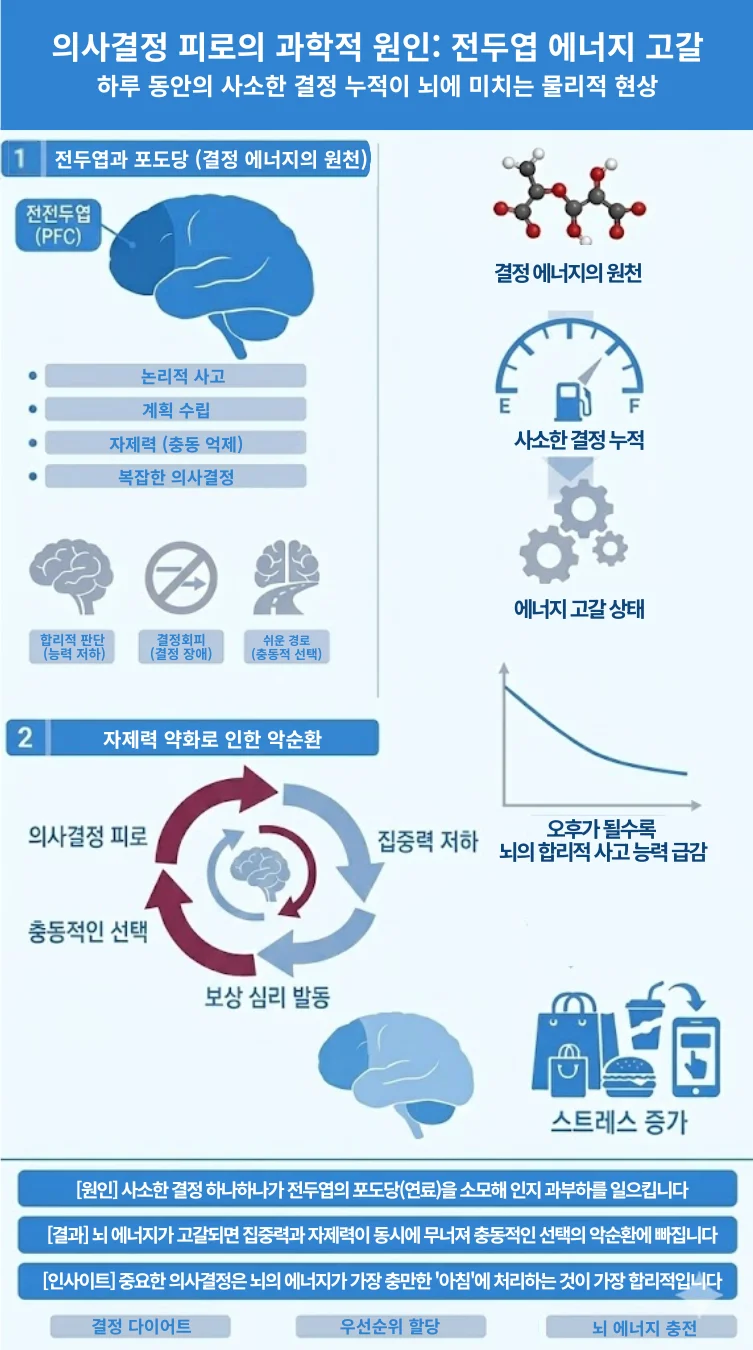 의사결정 피로의 과학적 원인인 전두엽의 포도당 고갈 과정과, 자제력 약화로 인해 쇼핑, 과식 등 충동적 선택으로 이어지는 악순환을 보여주는 인포그래픽