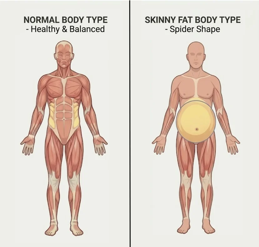 코르티솔 분비에 따른 정상 체형과 거미형 체형(마른 비만)의 해부학적 신체 구성 비교 인포그래픽