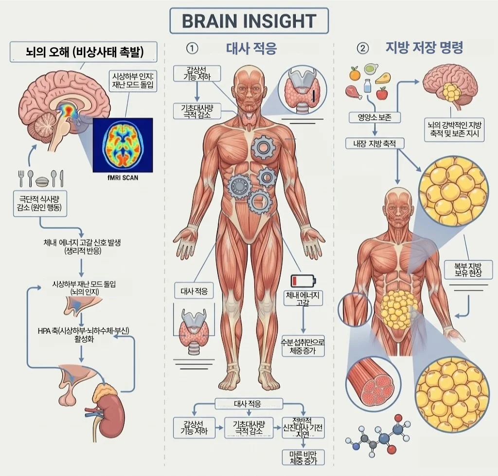 시상하부의 비상사태 인지부터 HPA 축 활성화를 거쳐 복부 내장 지방이 강제 축적되는 3단계 대사 적응 메커니즘을 설명하는 뇌과학 해부학 도식
