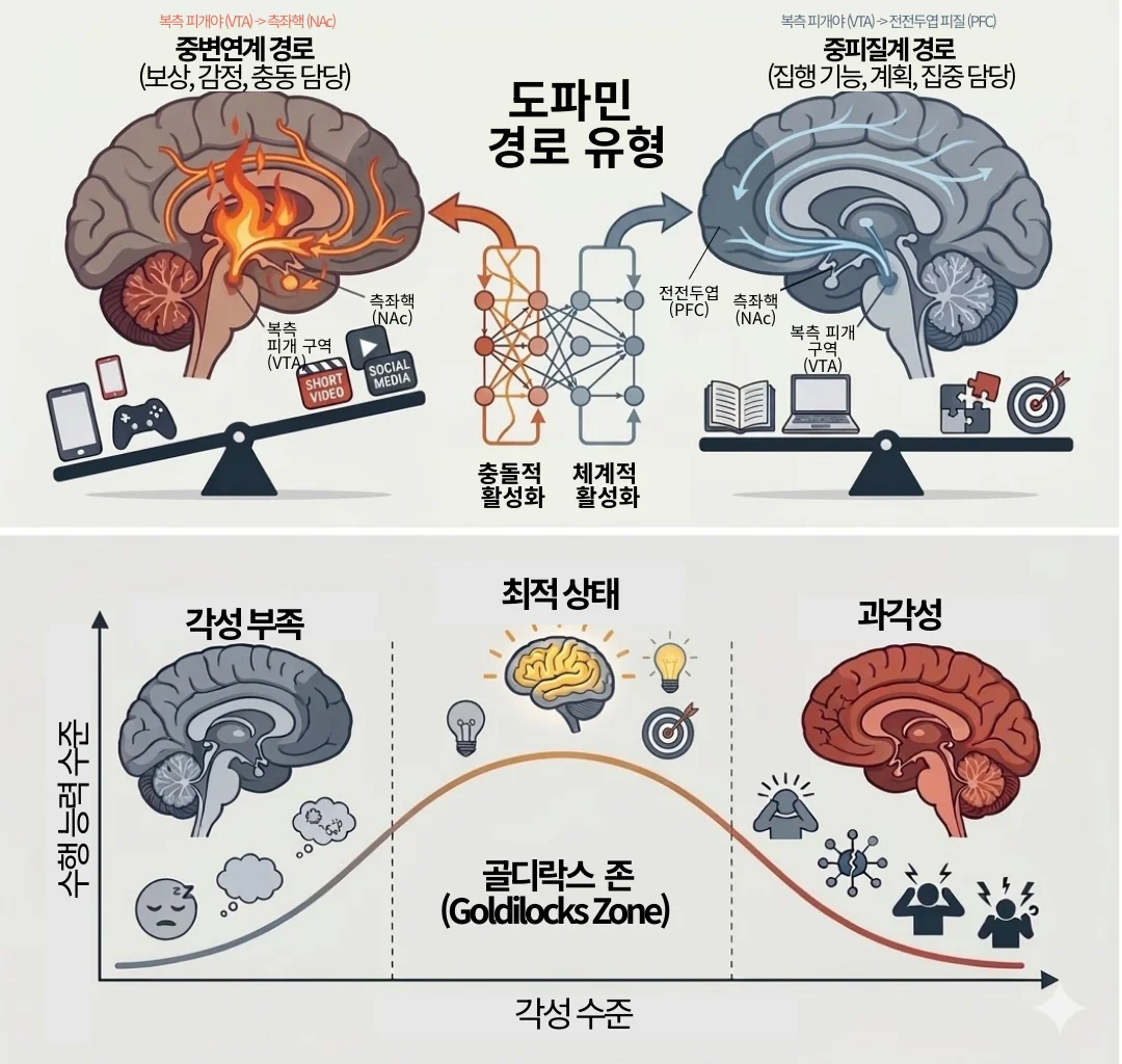 뇌의 측단면을 통해 도파민 경로를 설명하는 신경과학 인포그래픽입니다. 좌측은 복측 피개야(VTA)에서 측좌핵(NAc)으로 이어지는 중변연계 경로를 나타내며, 혼돈의 신경망 패턴과 즉각적 보상(스마트폰, 게임 등)에 편향된 상태를 시각화했습니다. 우측은 복측 피개야(VTA)에서 전전두엽 피질(PFC)로 이어지는 중피질계 경로를 나타내며, 정돈된 신경망 패턴과 장기적 목표(학습, 업무 등)를 지향하는 상태를 시각화했습니다.