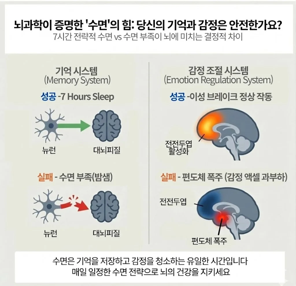 "수면 부족이 뇌의 기억 시스템과 감정 조절 시스템에 미치는 영향을 비교한 뇌과학 인포그래픽. 7시간 수면 시 대뇌피질의 기억 저장 성공 사례와 수면 부족 시 편도체 폭주 및 전전두엽 마비 현상을 대조적으로 시각화함