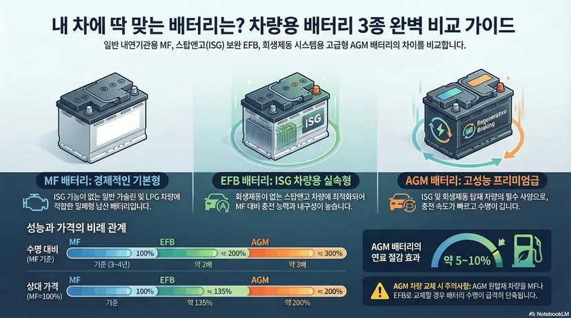 자동차 배터리 종류별 내부 구조 — MF EFB AGM 차량용 배터리 비교