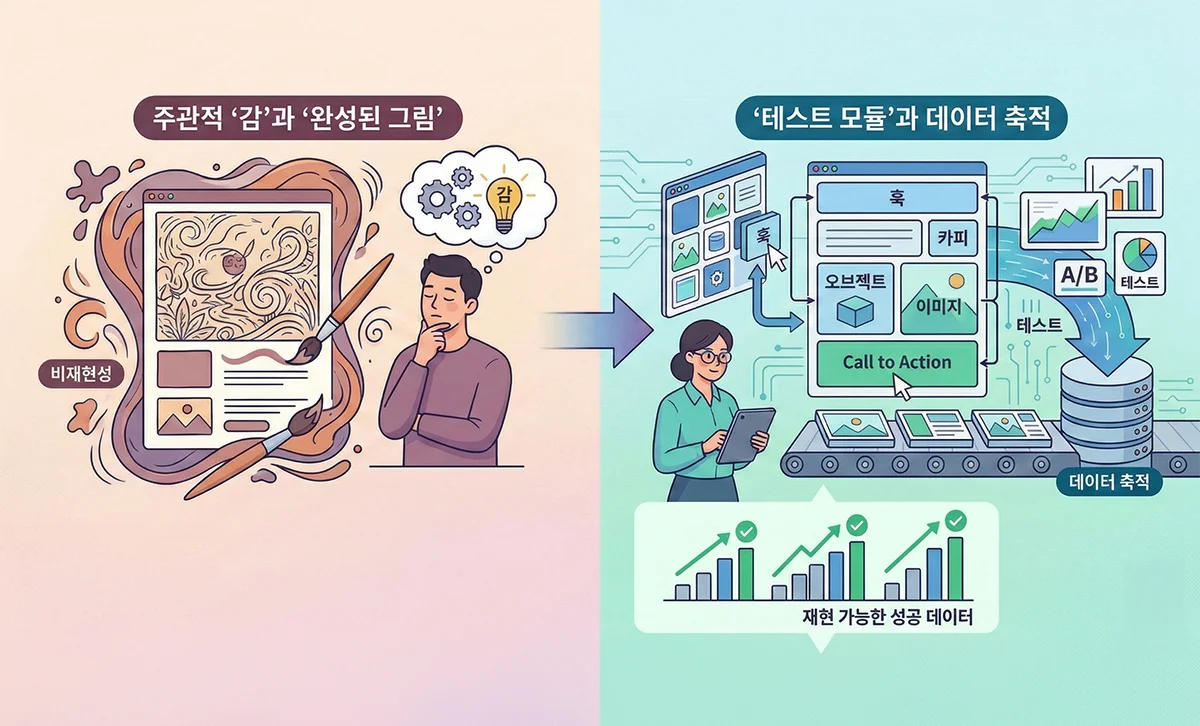 비티와이플러스의 데이터 기반 브랜드 스케일업 전략을 보여주는 인포그래픽. 메타 광고와 자사몰 성과 데이터에서 성공 요인을 모듈화하여 추출하는 'Winning Elements(위닝 엘리먼트)' 방법론의 핵심 구조.