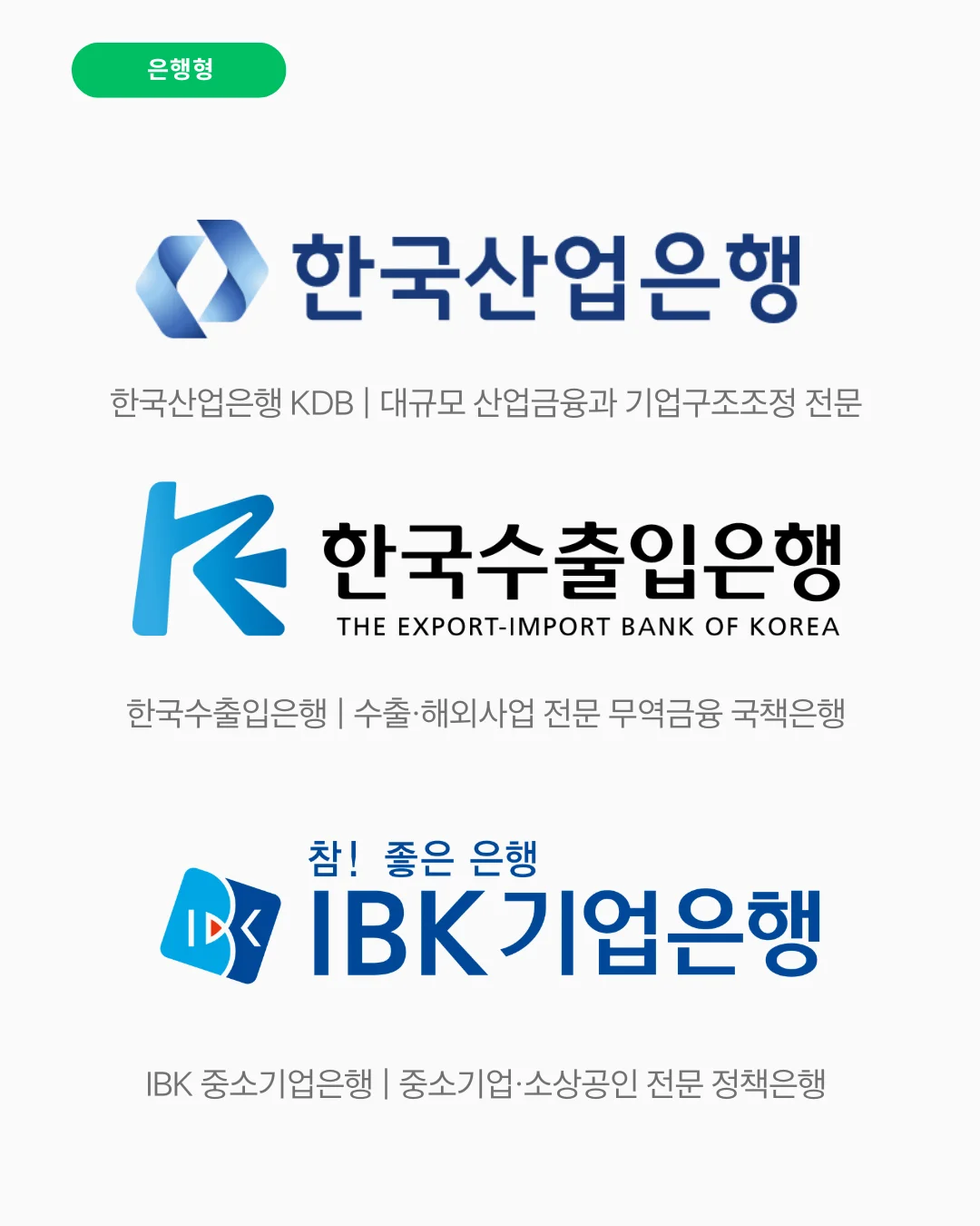 은행형: '자금 공급과 투자' 중심 (3곳) 한국산업은행, 한국수출입은행, IBK 기업은행