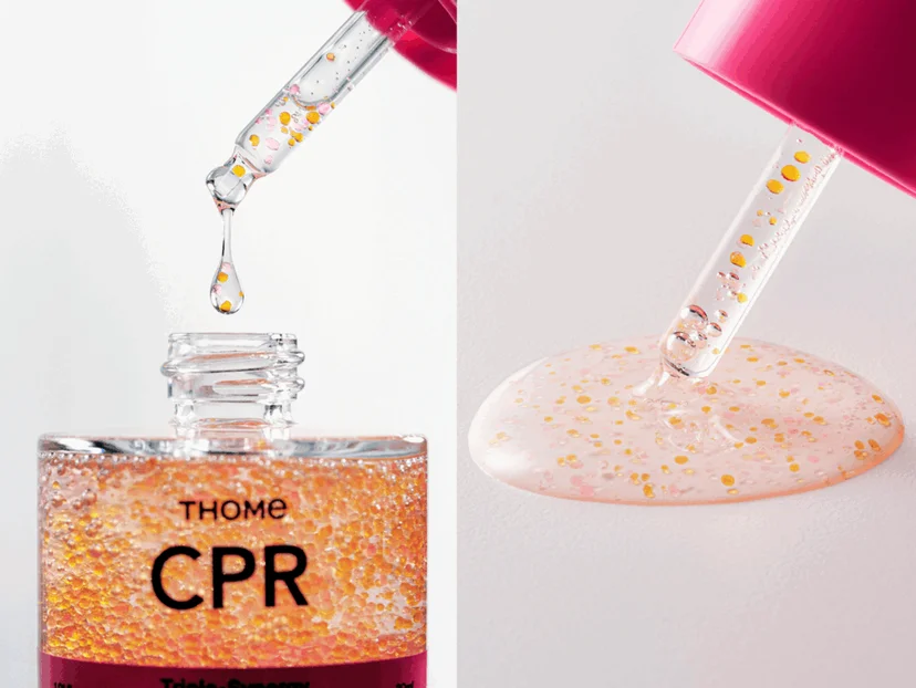 CPR 세럼 드로퍼에서 세럼이 떨어지는 장면과 텍스처 클로즈업
