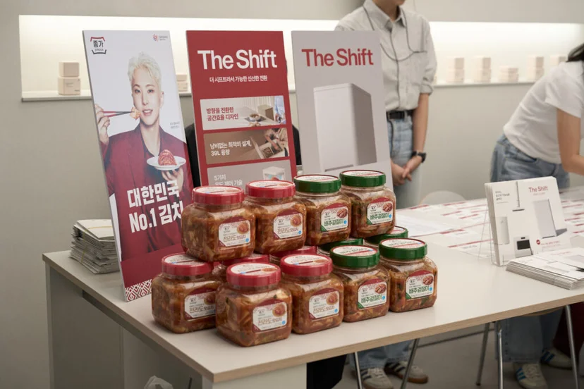 Shift Talk 행사장 내 미닉스 The Shift 제품과 대상 종가 김치 진열 부스