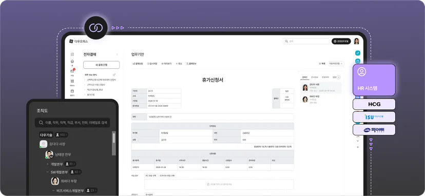 다우오피스HR 인사관리 화면 예시로, 직원 정보 입력 및 관리 항목이 표 형태로 정리되어 있고 좌측에는 메뉴 패널, 우측에는 기능 안내 말풍선이 표시된 관리자 화면