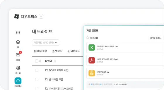 다우오피스 드라이브에서 업무 파일을 업로드하는 화면, 회사 기준 파일 관리 예시