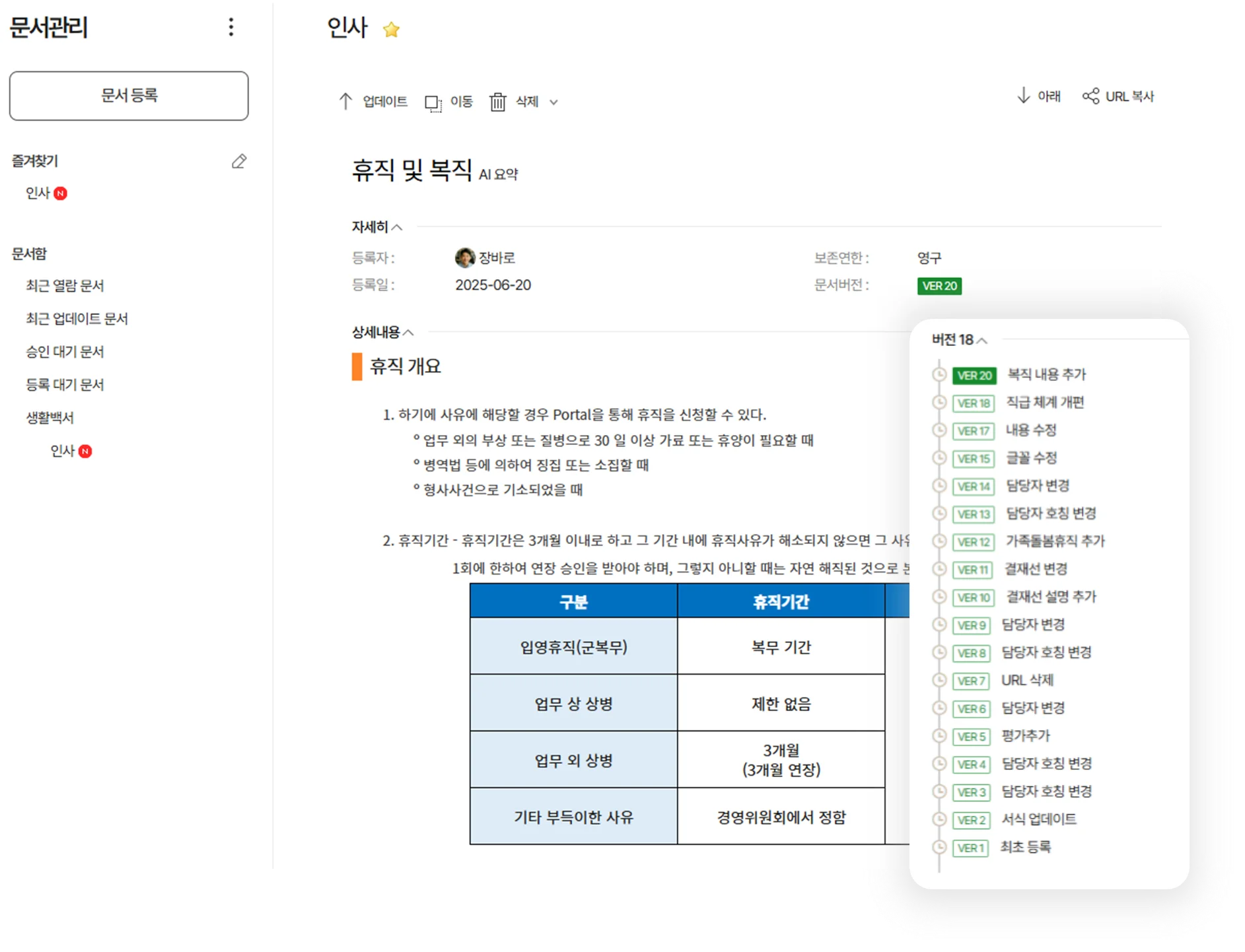 “다우오피스 문서관리 화면. 인사 규정 문서를 열람하고 있으며 문서 버전 이력이 세부적으로 표시된 모습. 문서 제목·등록자·보존연한·버전 관리 기능이 함께 보임.”