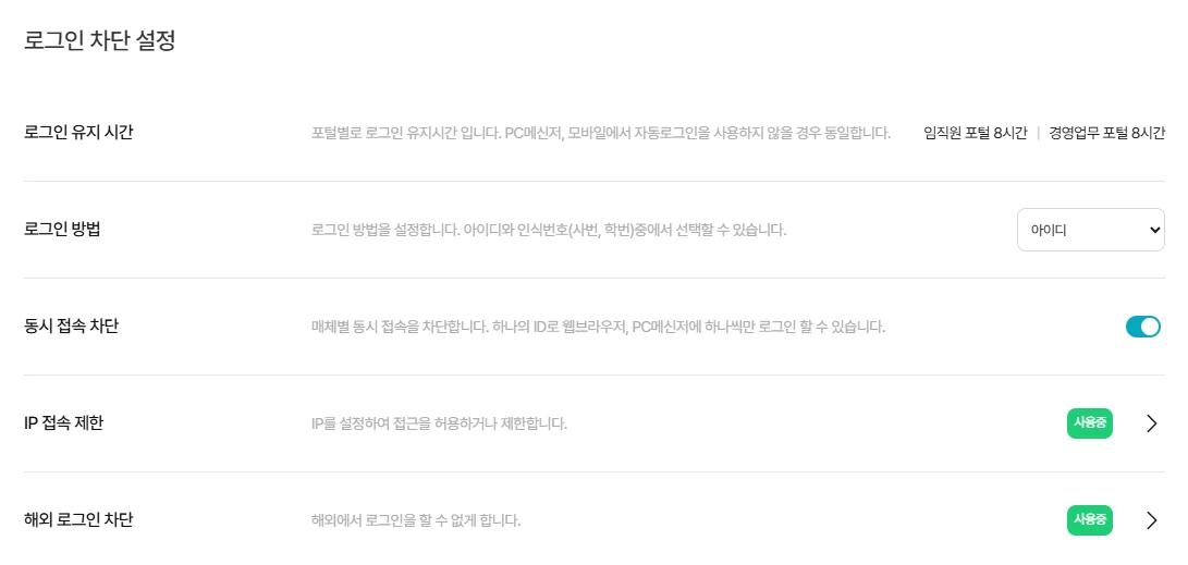 다우오피스 로그인 차단 설정 화면으로 로그인 유지 시간, 로그인 방식, 동시 접속 차단, IP 제한 및 해외 로그인 차단 옵션이 포함된 보안 설정 UI