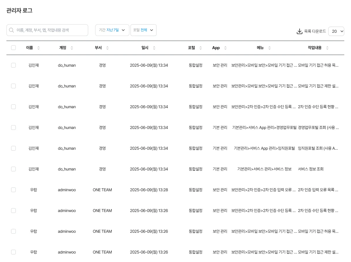 다우오피스 관리자 로그 화면으로 포털별 작업 이력, 설정 변경 내역, 보안 관리 작업 등을 확인하는 변경 이력 관리 대시보드
