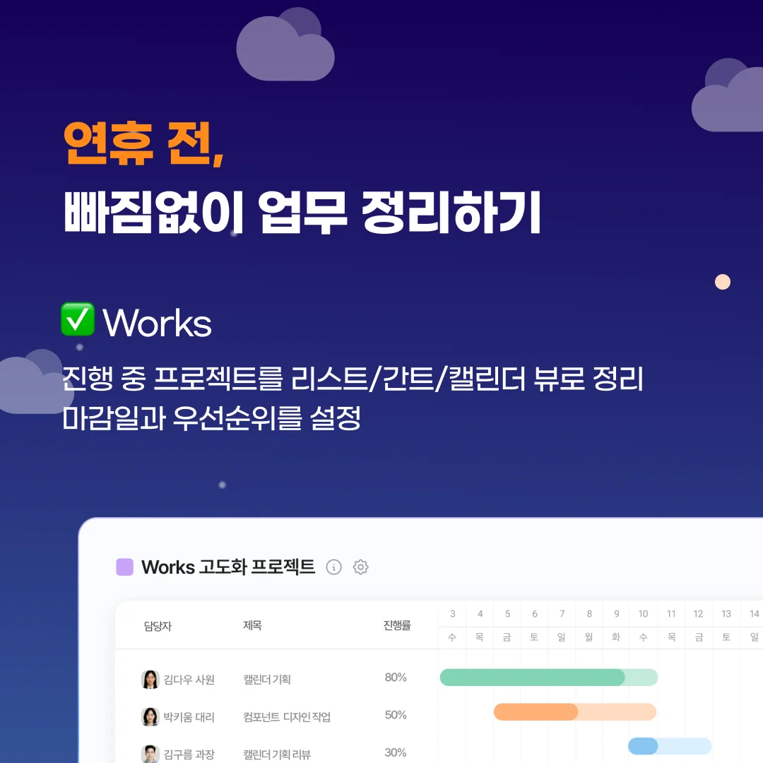✅ Works(업무 관리)
진행 중 프로젝트를 리스트/간트/캘린더 뷰로 정리
마감일과 우선순위를 설정해 연휴 후 빠른 업무 복귀 가능