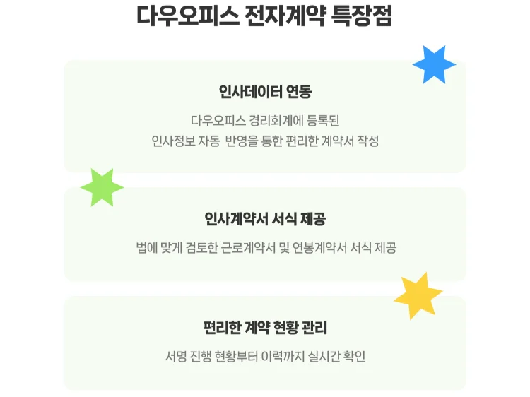 다우오피스 전자계약을 사용할 때 특장점 세 가지 설명하는 화면