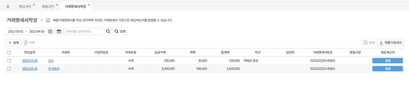 영업팀 및 제조 공장과 실시간으로 연동되어 매출입 현황을 한눈에 파악하는 파이어캅의 거래명세서 관리 화면