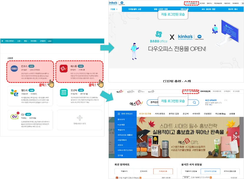 다우오피스의 Link+ 기능을 통해 추가 로그인 없이 킨코스와 예스폼을 통합 연동하여 사용 중인 자몽컴퍼니의 시스템 화면